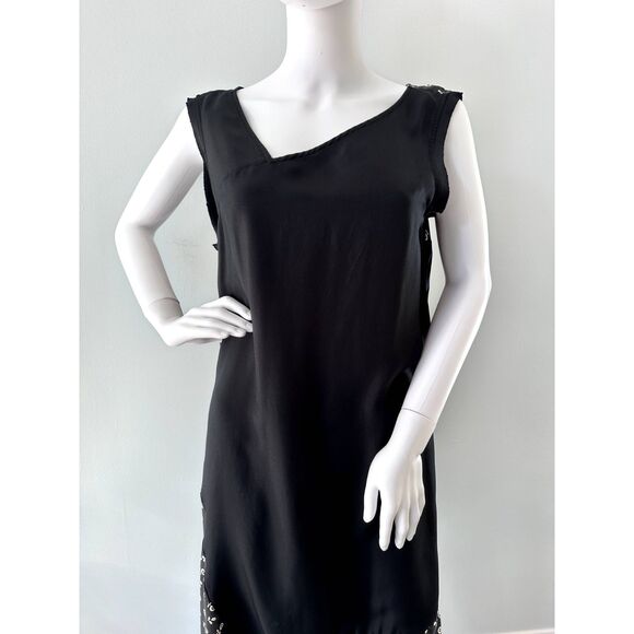 Pure DKNY Asymmetrical Black Silk Dress NWT Sleeveless Mixed Print size Large - Picture 4 of 11